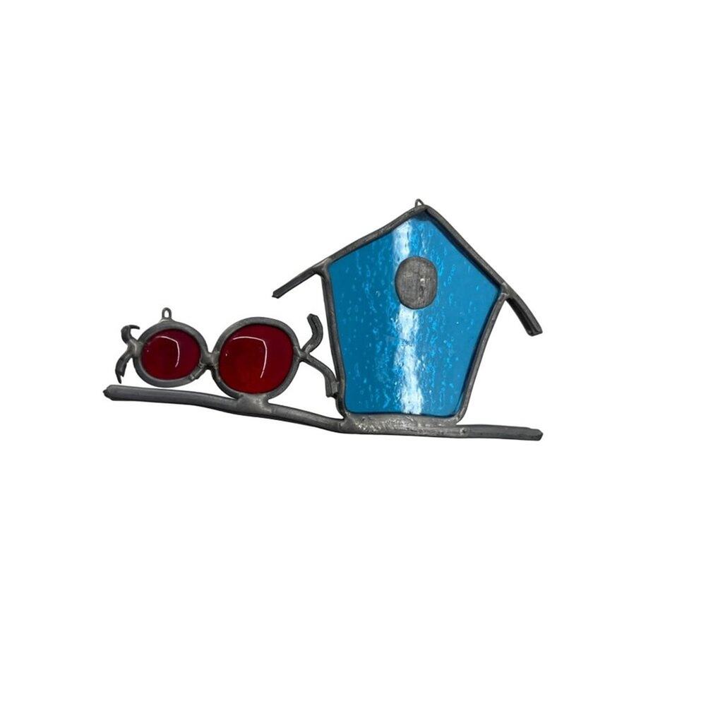 Vintage Blue Birdhouse Suncatcher Kissing Birds